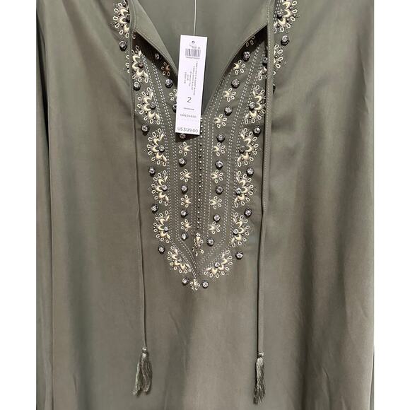 NWT Chico's Embellished Peasant Blouse Women's 2 12/14 Long Sleeve Olive Green - Picture 4 of 8